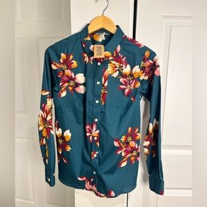 Duluth Trading Womens XS Flower Print Long Sleeve Button Front Shirt Green NWT